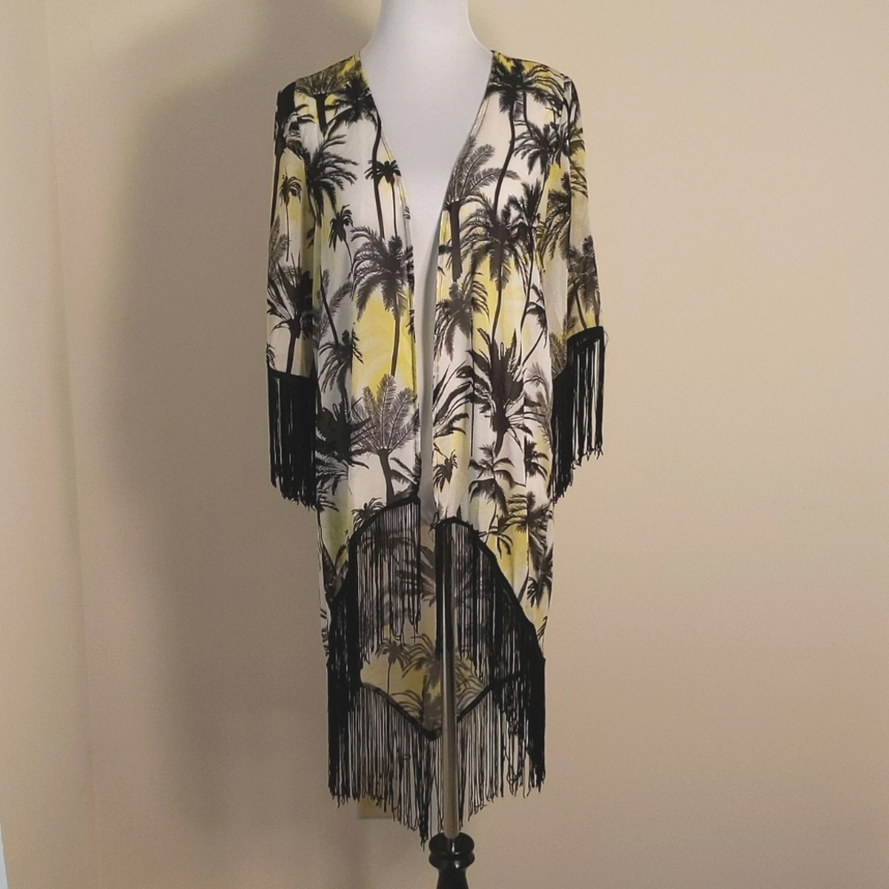 Entro Palm Print Fringe Kimono, S, EUC